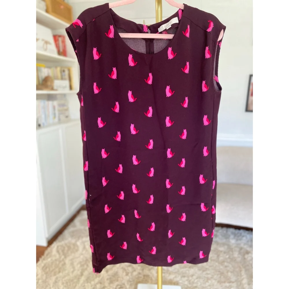 Loft Pink Cat Print Mini Dress Playful Feminine Burgundy Kitty Kitten Meow Boho